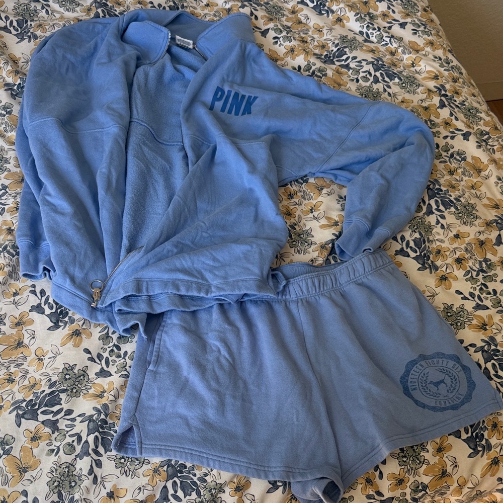 PINK Victoria's Secret Light Blue Zip Hoodie & Shorts Sweat Set